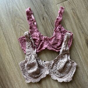 Lace Underwire Bra Set - Pink and Tan
